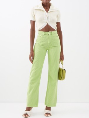 WANDLER Rose corduroy straight-leg trousers in green – womens lime coloured high waist cotton cord pants – citrus colours