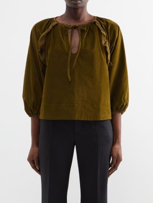 WIGGY KIT Saffron ruffled cotton-corduroy blouse in green – womens olive coloured ruffle trim tops - flipped