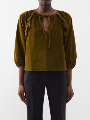 WIGGY KIT Saffron ruffled cotton-corduroy blouse in green – womens olive coloured ruffle trim tops