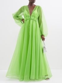STAUD Shelby V-neck organza dress in green – romantic sheer overlay maxi dresses – romance inspired occasion gowns – lime coloured event clothes – citrus colours
