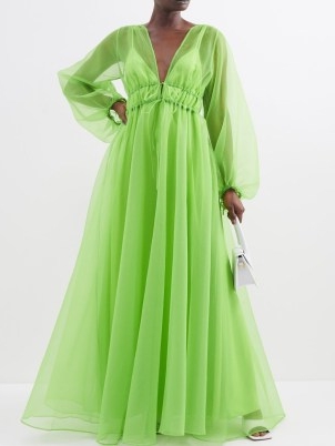 STAUD Shelby V-neck organza dress in green – romantic sheer overlay maxi dresses – romance inspired occasion gowns – lime coloured event clothes – citrus colours