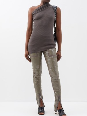 RICK OWENS Dirt high-waist sequinned denim leggings in grey / sequin covered skinny trousers / women’s disco designer fashion / ultra high rise waistline / womens luxury evening clothes / glittering skinnies / luxe occasion clothing / split hems