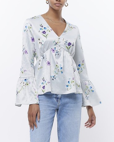 RIVER ISLAND GREY FLORAL FLUTE SLEEVE BLOUSE / women’s empire waist fluted sleeved blouses / womens feminine fashion - flipped