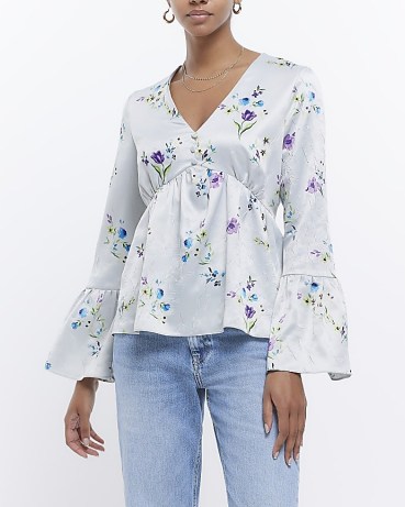 RIVER ISLAND GREY FLORAL FLUTE SLEEVE BLOUSE / women’s empire waist fluted sleeved blouses / womens feminine fashion