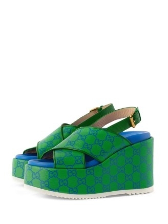 Gucci GG Supreme wedge sandals in green/blue | slingback platform wedges | chunky slingbacks | front crossover wedged platforms | women’s shoes - flipped