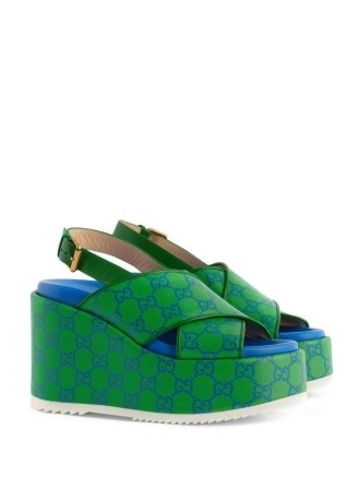 Gucci GG Supreme wedge sandals in green/blue | slingback platform wedges | chunky slingbacks | front crossover wedged platforms | women’s shoes