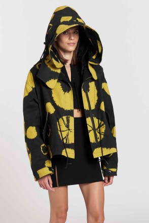 ALTUZARRA GUNN COAT in Gecko – women’s printed organic cotton short length coats – womens hooded outerwear – oversized hood – luxury clothes - flipped