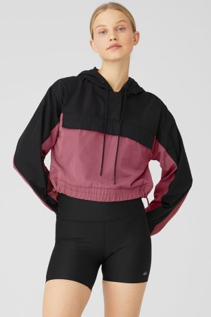 alo yoga INTERNATIONAL ANORAK HOODIE in Black/Mars Clay ~ womens cropped colour block hoodies ~ womens sporty hooded pullover tops