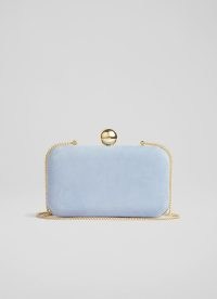 L.K. BENNETT Iside Pale Blue Suede Box Clutch – occasion bags – evening event handbags – removable chain shoulder strap