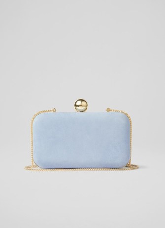 L.K. BENNETT Iside Pale Blue Suede Box Clutch – occasion bags – evening event handbags – removable chain shoulder strap - flipped
