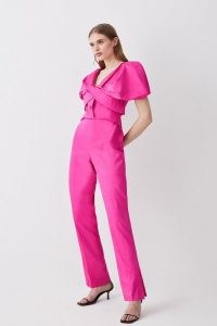 KAREN MILLEN Italian Wool Blend Satin Couture Draped Jumpsuit in Pink ~ women’s luxury occasion jumpsuits ~ womens all-in-one evening event fashion ~ short puff sleeves