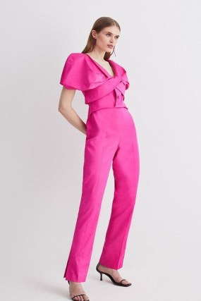 KAREN MILLEN Italian Wool Blend Satin Couture Draped Jumpsuit in Pink ~ women’s luxury occasion jumpsuits ~ womens all-in-one evening event fashion ~ short puff sleeves - flipped