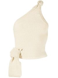 Jacquemus La maille Noeud knitted top in ivory white – women’s one shoulder tops – womens designer fashion – asymmetric neckline clothes