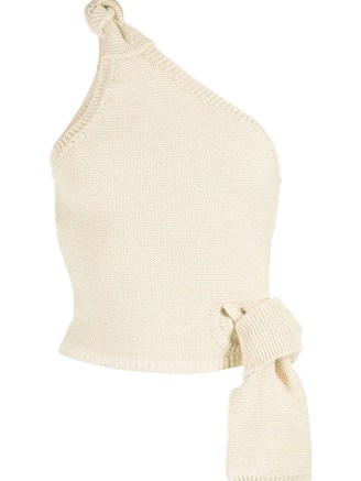 Jacquemus La maille Noeud knitted top in ivory white – women’s one shoulder tops – womens designer fashion – asymmetric neckline clothes - flipped