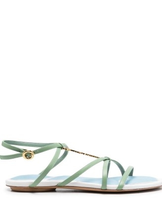 Jacquemus Les sandales Pralu plates sandals in light green – women’s strappy logo charm sandal – women’s designer flat shoes - flipped