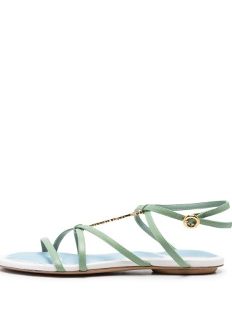 Jacquemus Les sandales Pralu plates sandals in light green – women’s strappy logo charm sandal – women’s designer flat shoes