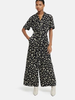 Jigsaw Aster Floral Jumpsuit in Black – women’s short sleeve wide leg jumpsuits – women’s clothing - flipped