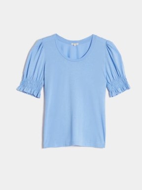 JIGSAW Ruched Sleeve Jersey Top in Blue – women’s puff sleeved tops - flipped