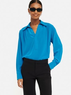 JIGSAW Silk Long Sleeve Blouse in Blue – silky collared tops – women’s luxury clothing - flipped