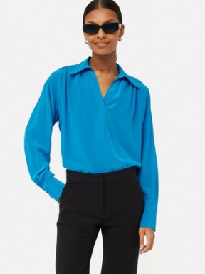 JIGSAW Silk Long Sleeve Blouse in Blue – silky collared tops – women’s luxury clothing