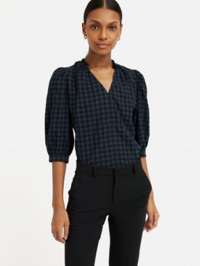 JIGSAW Cotton Gingham Cicelly Top in Navy – women’s dark blue check print tops – pullover checked blouses - flipped