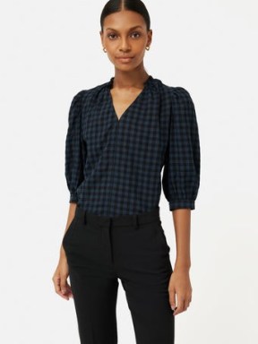 JIGSAW Cotton Gingham Cicelly Top in Navy – women’s dark blue check print tops – pullover checked blouses
