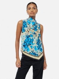 JIGSAW Clouded Leopard Silk Front Top in Blue – sleeveless high neck pointed hem tops – women’s clothes with animal prints – womens chic clothing – asymmetric hemline fashion