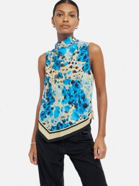 JIGSAW Clouded Leopard Silk Front Top in Blue – sleeveless high neck pointed hem tops – women’s clothes with animal prints – womens chic clothing – asymmetric hemline fashion - flipped