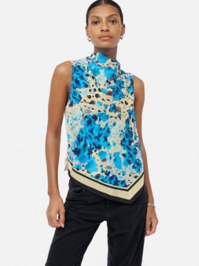 JIGSAW Clouded Leopard Silk Front Top in Blue – sleeveless high neck pointed hem tops – women’s clothes with animal prints – womens chic clothing – asymmetric hemline fashion