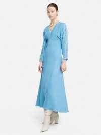 JIGSAW Button Detail Crepe Maxi Dress in Blue – long sleeve V-neck dresses – women’s clothes