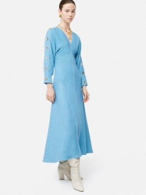 JIGSAW Button Detail Crepe Maxi Dress in Blue – long sleeve V-neck dresses – women’s clothes - flipped