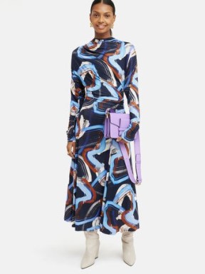 JIGSAW Painted Abstract Ruched Jersey Dress in Blue ~ long sleeve printed dresses with asymmetric ruching - flipped