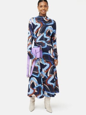 JIGSAW Painted Abstract Ruched Jersey Dress in Blue ~ long sleeve printed dresses with asymmetric ruching