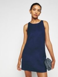 Reformation Jessi Linen Dress in Danube – sleeveless navy blue shift style mini dresses – womens clothes