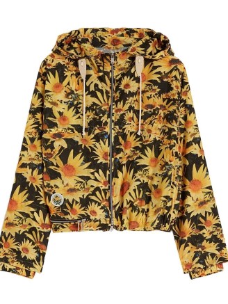 Jil Sander floral-print drawstring-hood jacket in yellow/black ~ women’s hooded flower print jackets ~ womens casual designer clothing ~ luxury outerwear - flipped