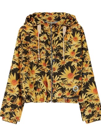 Jil Sander floral-print drawstring-hood jacket in yellow/black ~ women’s hooded flower print jackets ~ womens casual designer clothing ~ luxury outerwear