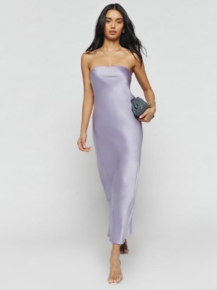 Reformation Joana Silk Dress in Aura ~ silky strapless maxi dresses ~ light purple occasion clothes ~ feminine going out evening fashion ~ women’s lilac party clothes - flipped