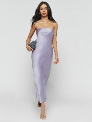 Reformation Joana Silk Dress in Aura ~ silky strapless maxi dresses ~ light purple occasion clothes ~ feminine going out evening fashion ~ women’s lilac party clothes