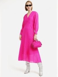 Jigsaw Silk Linen Gauze Maxi Dress in Pink – semi sheer long sleeve V-neck dresses – women’s clothes