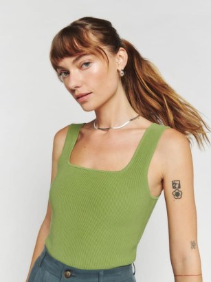 Reformation Julia Ribbed Sweater Tank in Avocado ~ green ribbed tanks ~ women’s casual sleeveless tops