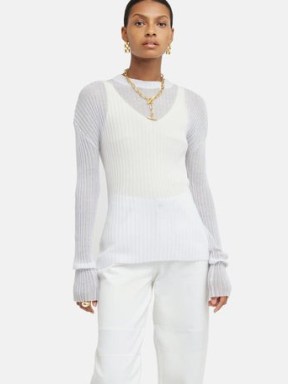 Jigsaw Plisse Crew Neck Jumper in White – semi sheer long sleeve jumpers – women’s knitwear - flipped
