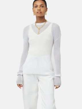 Jigsaw Plisse Crew Neck Jumper in White – semi sheer long sleeve jumpers – women’s knitwear