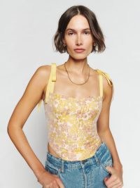 Reformation Karoline Top in Sunshine Bloom / floral fitted bodice tops / tie shoulder straps / womens luxury clothing / women’s luxe fashion