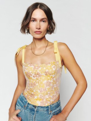 Reformation Karoline Top in Sunshine Bloom / floral fitted bodice tops / tie shoulder straps / womens luxury clothing / women’s luxe fashion - flipped