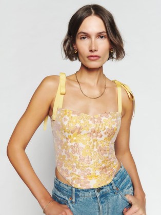 Reformation Karoline Top in Sunshine Bloom / floral fitted bodice tops / tie shoulder straps / womens luxury clothing / women’s luxe fashion