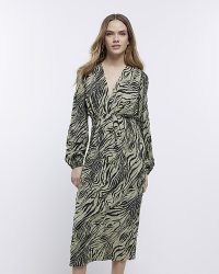 RIVER ISLAND KHAKI ANIMAL PRINT CRINKLE MIDI DRESS / women’s long sleeve crinkled fabric dresses