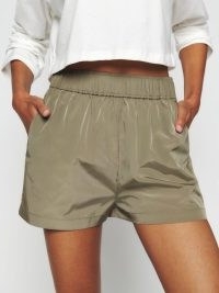 Reformation Kinsley Short in Flint – womens silky elastic waistband relaxed shorts – sports luxe fashion
