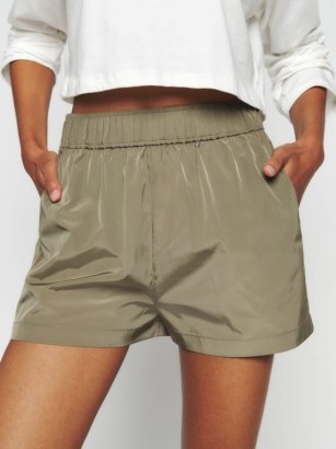Reformation Kinsley Short in Flint – womens silky elastic waistband relaxed shorts – sports luxe fashion - flipped