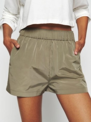 Reformation Kinsley Short in Flint – womens silky elastic waistband relaxed shorts – sports luxe fashion