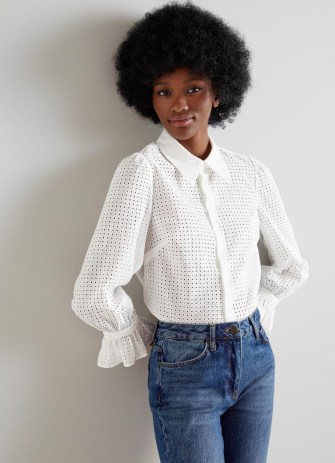 L.K. BENNETT Kitty White Cotton Eyelet Shirt ~ feminine collared blouses ~ womens cut out shirts ~ fluted cuffs ~ frill cuff detail - flipped